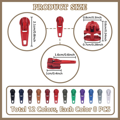 DOITEM 96Pcs Zipper Repair Kit Zipper Replacement 3# Zipper Pull Rescue Kit for Clothing Jackets Purses Luggage (12 Colors)