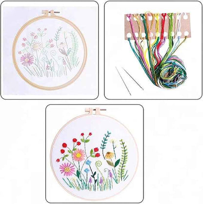 Act Iron Embroidery Starter Kit Full Range of Starter Including Instructions Stamped Cloth with Pattern Hoop Color Threads and Tools Crafts for Adults(Flowers 2)