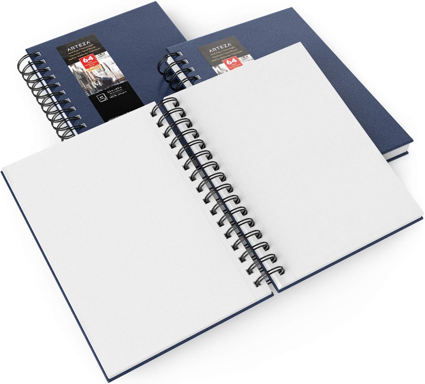 ARTEZA Watercolor Sketchbook Set,3-Pack,64 Pages per Book,5.5 x 8.5 Inches,Blue Hardcover Spiral Notebooks,140-Pound Premium Watercolor Paper for Artists - Crafty Corner
