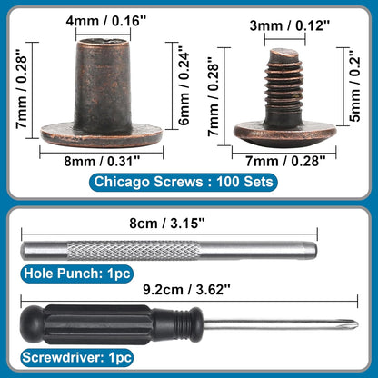 YORANYO 150 Sets 8MM Chicago Screws Leather Rivets for Fabric Chicago Binding Screws Buttons Metal Studs Rivets for Decorate and Repair Belts Bags Shoes Purse Dog Collar Leather Craft (Copper)