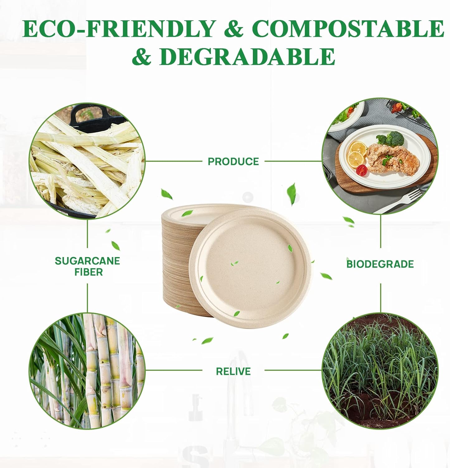 Vplus 500 Pack Paper Plates 9 inch 100% Compostable, Heavy-Duty Disposable Paper Plates Bagasse Natural Biodegradable Eco-Friendly Sugarcane（Nature）