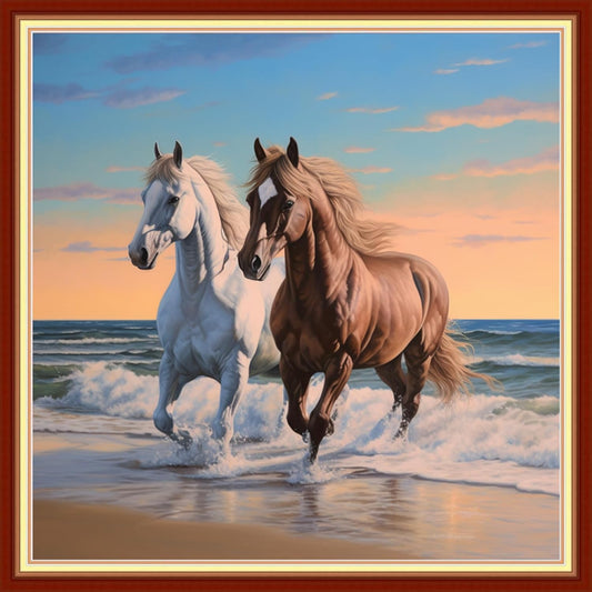 Disxvivy Cross Stitch Stamped Full Embroidery Kits DIY 11CT Cotton Thread Printed DIY Needlepoint Kits Craft Needlework Set Cross-Stitch Stamped Sets-Beach Steed 18x18 inch