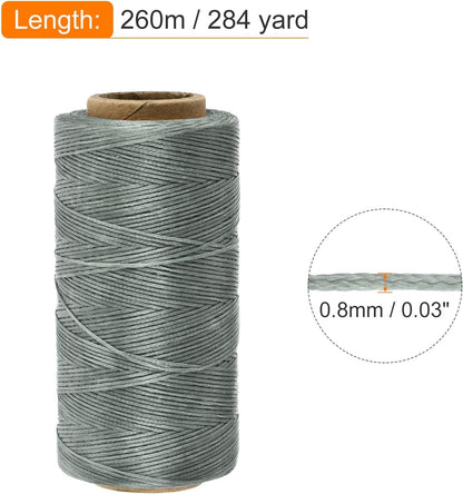 MECCANIXITY Waxed Thread,284 Yard 0.8mm 150D Flat Wax Thread Polyester Waxed String for Leather Sewing Hand Weaving Book Binding Home Decoration,Gray