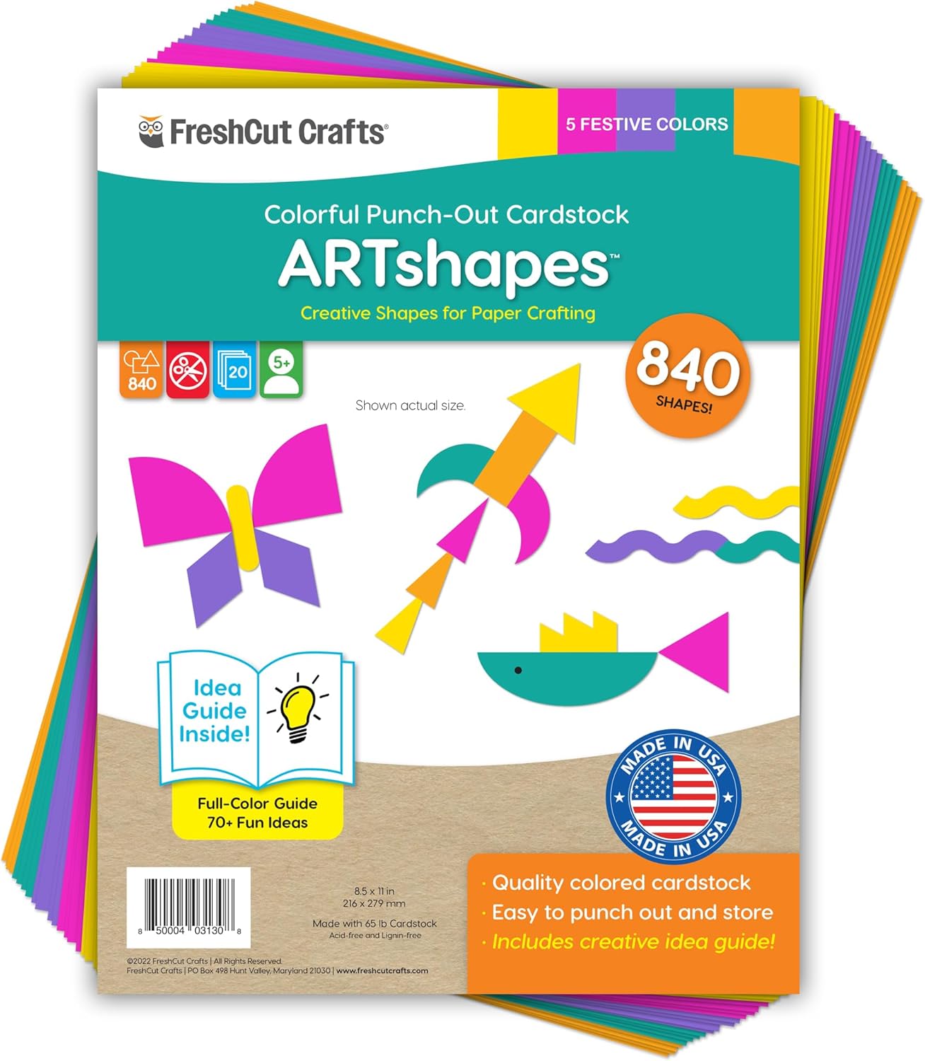 ARTshapes 840 pc Creative Paper Shapes Pack with 70+ Idea Guide - US Made Card Stock - Punch Out Funky DIY Craft Supplies for Whimsical Art Designs, Paper Crafts, and Pattern Play 5 Festive Colors - Crafty Corner