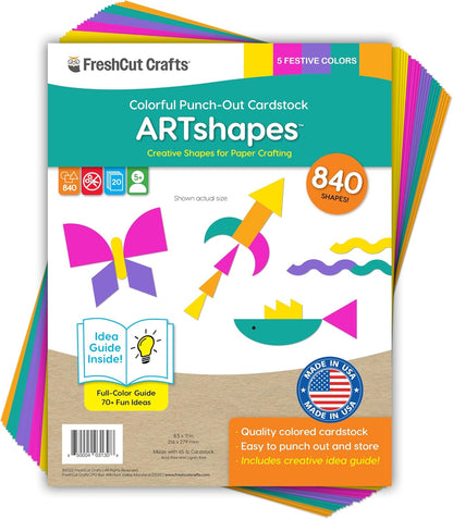 ARTshapes 840 pc Creative Paper Shapes Pack with 70+ Idea Guide - US Made Card Stock - Punch Out Funky DIY Craft Supplies for Whimsical Art Designs, Paper Crafts, and Pattern Play 5 Festive Colors - Crafty Corner
