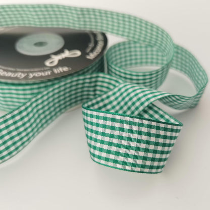 Green and White Woven Edge Plaid Ribbon 100% Polyester Gingham Ribbon 25 Yards Each Roll (1",Green) - Crafty Corner