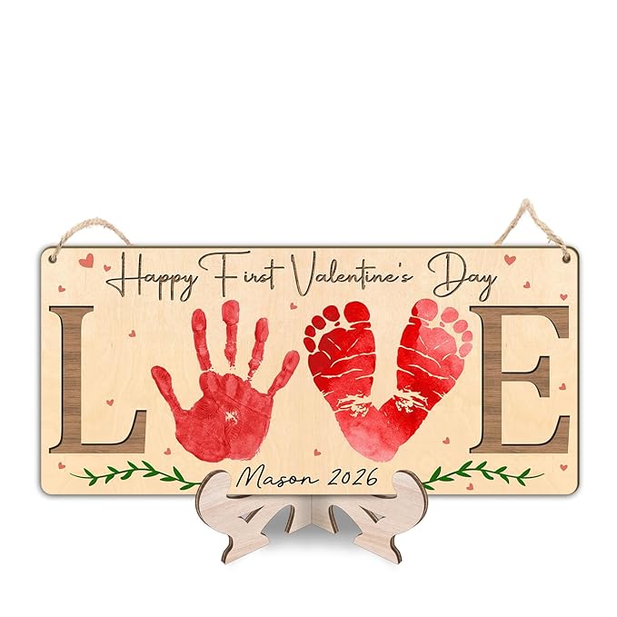 Love Happy First Valentine's Day Wooden Sign, DIY Baby's First Valentine Footprint Handprint Sign, Milestone Art Craft, 1st Valentines Keepsake, Gifts for New Mom, Dad, Newborn Baby Kid Toddler