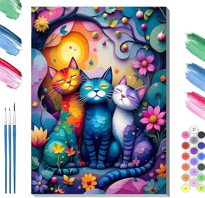 Paint by Numbers Kit for Adults Framed, Colorful Whimsical Cats in Flower Garden, DIY Oil Painting, Pre-Printed Canvas Wall Art Home Decor Gift, 20x24inch Framed, 24 Colors