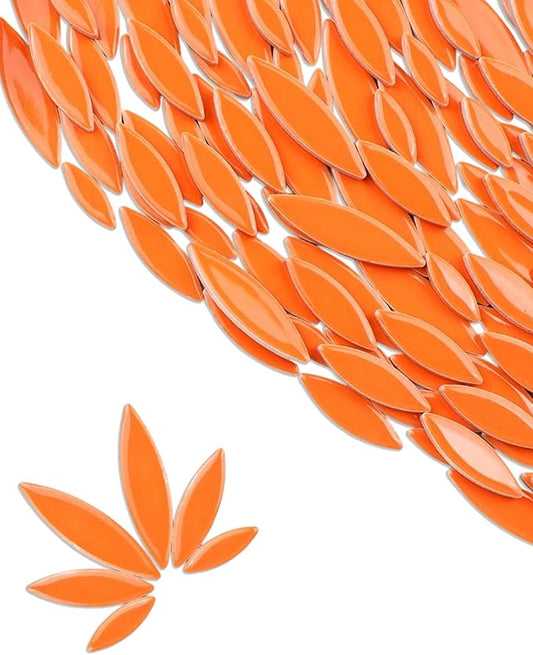 200g Ceramic Petals Bulk Mosaic Tiles for Craft, Small Oval Stepping Stone Kit, Glazed Porcelain Pieces for Coaster Tray House Number Mirror Lamp Home Decorations (Bright Orange)