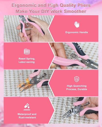 Toolour Jewelry Pliers Set Jeweler Making Tools with 6 Rolls Beading Wire Kit for Jewelry Supplies DIY Hobby Repair Crimping Wrapping,Pink Professional Craft Pliers for Adults Beginner - Crafty Corner