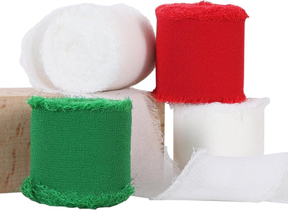 TONIFUL 4 Rolls Silk Chiffon Ribbon 1-1/2 Inch x 22 Yards, Red Green White Handmade Fringe Silk Ribbon for Gift Wrapping Flowral Bouquets Crafts Halloween Christmas Wreath Tree and Party Decoration - Crafty Corner