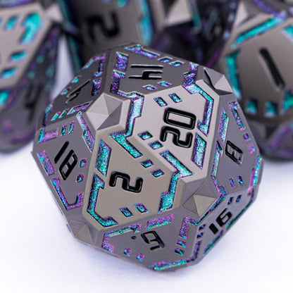 Metal DND Sci-fi Dice Set 7PCS Stripe Polyhedral Dice for Dungeons Dragons RPG Role Playing Game, Glitter D and D Dice with Gift Box D6 D8 D10 D12 D20 (Black&Green Purple)