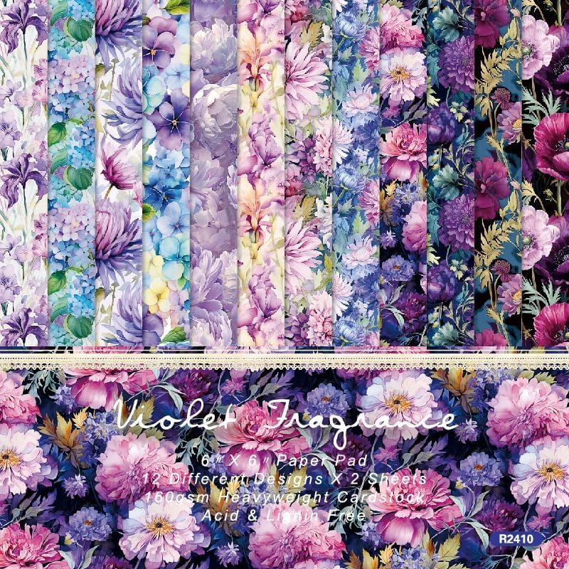 Purple Floral Scrapbook Paper Pad Color Flower Patterned Paper 6×6,24 Sheets Single-Sided Floral Scrapbooking CardStock Papers Pad for Holiday Cardmaking DIY Origami Journaling. - Crafty Corner