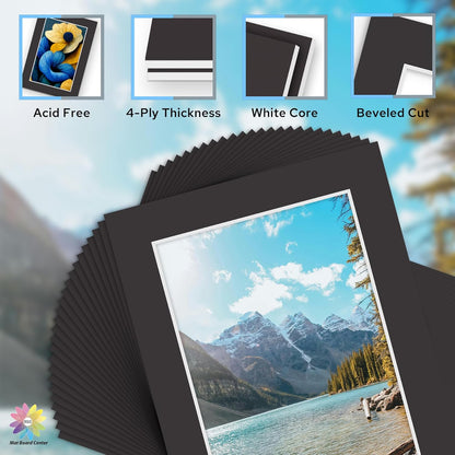 Mat Board Center, Pack of 50, 5x7 for 4x6 Black Mat Kit - Acid Free, 4-ply Thickness, White Core - Includes Backing Boards and Clear Bags - for Pictures, Photos, Framing