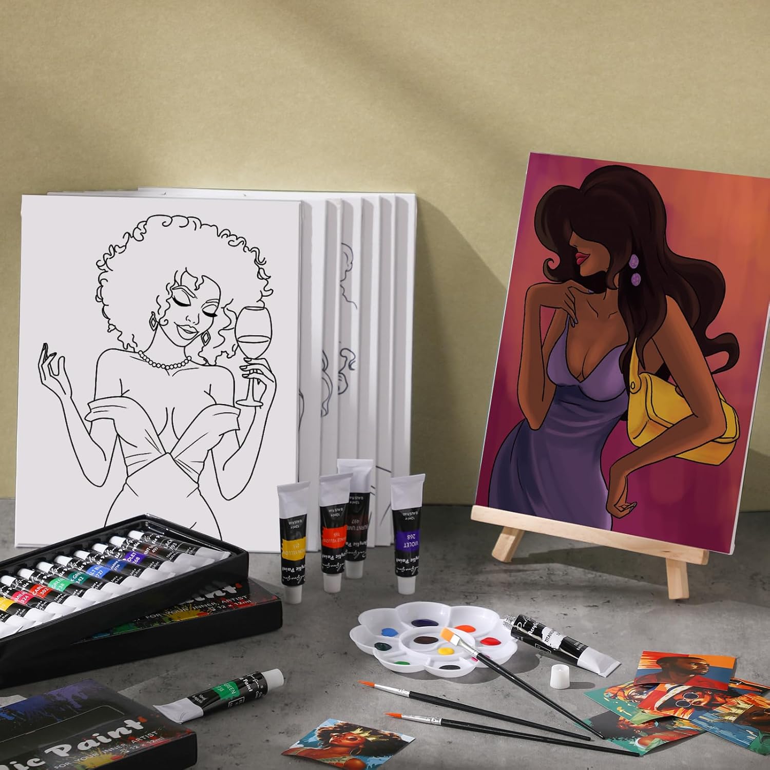 Cholemy 36 Pcs Paint and Sip Kit for Adults 8''x10'' Pre Drawn Canvas for Painting DIY Afro Acrylic Painting Kit Wood Easel Brushes Date Night Bulk for Christmas Party Gifts(Charming Lady) - Crafty Corner