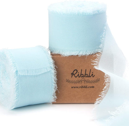 Ribbli Ice Blue Chiffon Silk Ribbon, 1-1/2 inch x 20 Yard, Handmade Fringe, Wedding Invitations, Bridal Bouquets, Home Decor - Crafty Corner