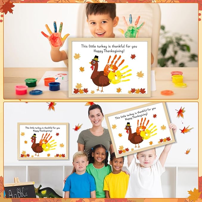 Thanksgiving Turkey Handprint Art Craft DIY Kit Happy Thanksgiving DIY Gifts Fall Thankful Little Turkey Family Handprint Art Keepsake with Wood Frame for Mom Dad Friend Holiday Activities 12x16 Inch