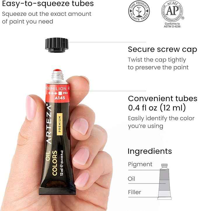 ARTEZA Oil Paint Set – 24 Multicolor Tubes (0.4 Fluid Ounces Each), Vibrant Oil-Based Paints for Canvas & Art Projects