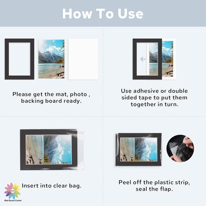 Mat Board Center, Pack of 50, 5x7 for 4x6 Black Mat Kit - Acid Free, 4-ply Thickness, White Core - Includes Backing Boards and Clear Bags - for Pictures, Photos, Framing