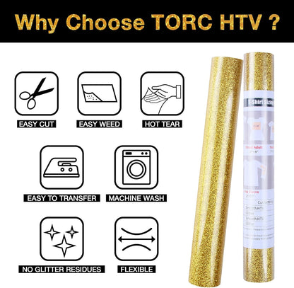 TORC Gold Glitter HTV Heat Transfer Vinyl 2 Rolls Iron on Vinyl for T Shirts Crafts 12 inch x 5 ft