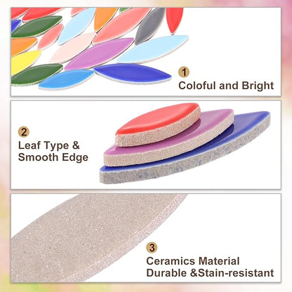 uxcell Ceramic Mosaic Tile, About 200g Teardrop Leaf Tile Mosaic Block for Handicrafts Artwork, Red/Yellow/Green/Blue/Purple/Pink/White