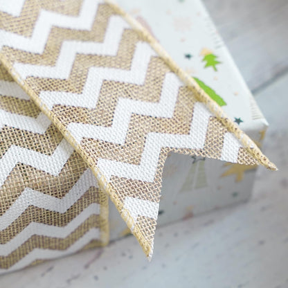 MEEDEE Burlap Ribbon with White Chevron Pattern - 2.5 Inch Wired Ribbon for Cakes, Wreaths, Rustic Decor, Baby Showers, Beach Parties, Farmhouse Gifts - 10 Yards - Crafty Corner