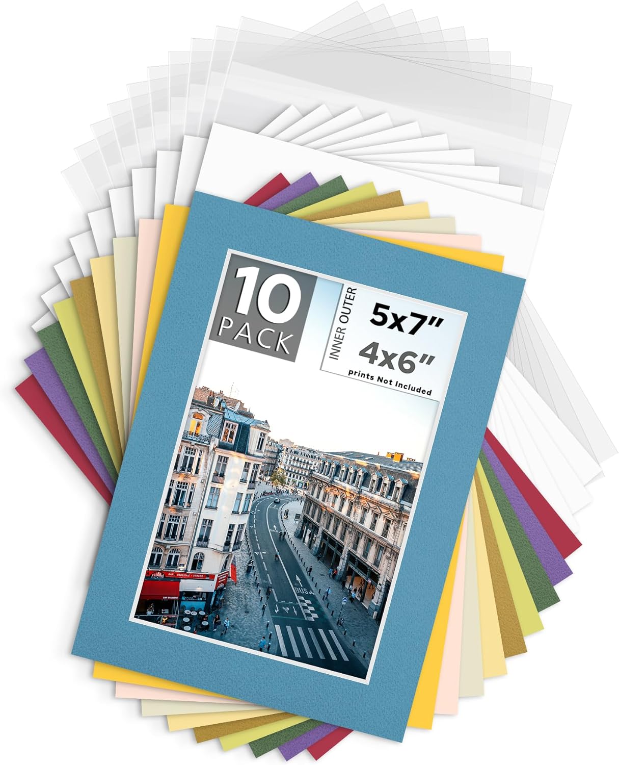 Mat Board Center, Pack of 10, 5x7 for 4x6 Mix Color Mat Kit - Acid Free, 4-ply Thickness, White Core - Includes Backing Boards and Clear Bags - for Pictures, Photos, Framing