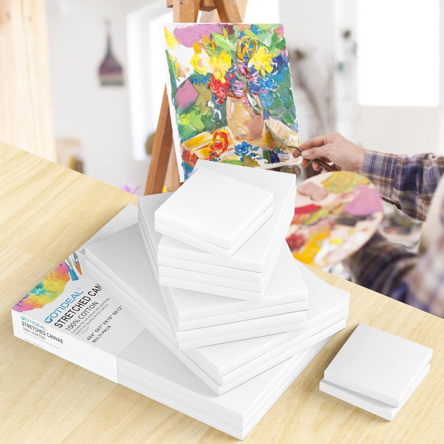 GOTIDEAL18Pcs Stretched Canvases for Painting Multi Pack 4x4, 5x7, 8x10,9x12, 11x14 Set, Primed White - 100% Cotton Artist Blank Canvas Boards for Painting, Acrylic Pouring,Oil Paint
