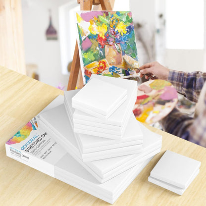 GOTIDEAL18Pcs Stretched Canvases for Painting Multi Pack 4x4, 5x7, 8x10,9x12, 11x14 Set, Primed White - 100% Cotton Artist Blank Canvas Boards for Painting, Acrylic Pouring,Oil Paint