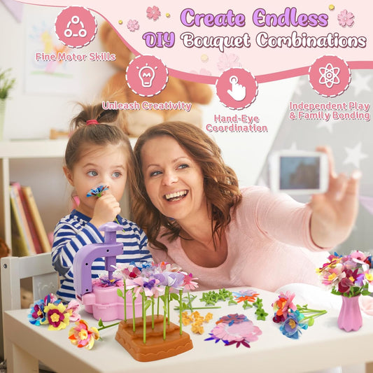 Fabric Flower Bouquets Toys – Mess-Free Flower Crafts for Kids & DIY Arts and Kid Crafts for Ages 3 4 5 6 7 8 9+, No Glue Needed, Fun Early Educational STEM Gift for Birthdays, Christmas, Holidays