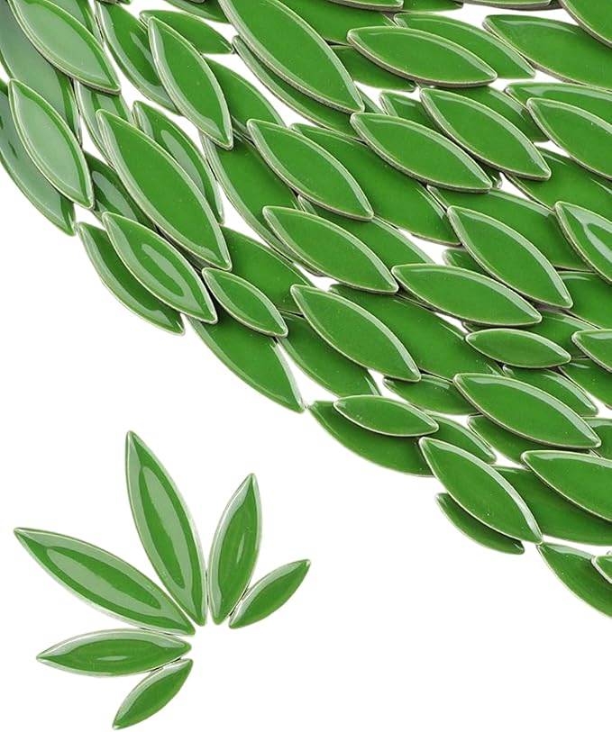 200g Ceramic Petals Bulk Mosaic Tiles for Craft, Small Oval Stepping Stone Kit, Glazed Porcelain Pieces for Coaster Tray House Number Mirror Lamp Home Decorations (Deep Green)