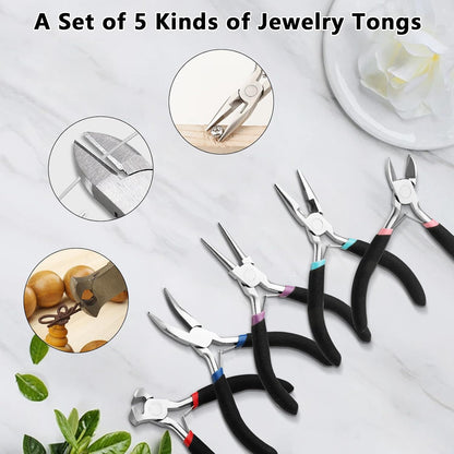 5 Pcs Jewelry Making Pliers Tools with Needle/Chain Nose Pliers, wire cutters Round Nose, Bent Nose-Matte Handle,jewelry making supplies for adults - Crafty Corner