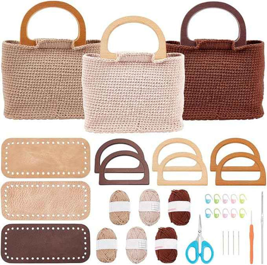 FREEBLOSS 3 Set Crochet Bag Kit for Beginners 3 Colors Tote Bag Set with Step-by-Step Video Tutorials Knitting Kit Crochet Beginners Set for Adults