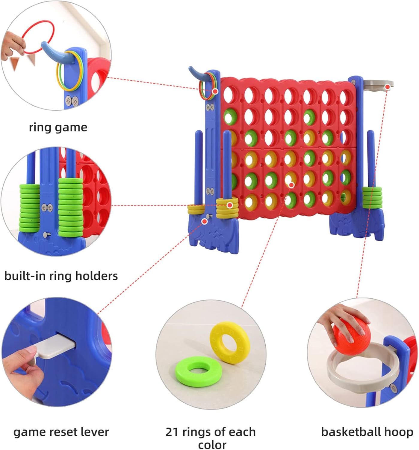 UNICOO Giant 4 in A Row Game with Carry Bag, Basketball Hoop, Ring Toss, 4-to-Score Game, Large Outdoor Yard, Parties & Gatherings (Blue & Red)