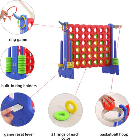 UNICOO Giant 4 in A Row Game with Carry Bag, Basketball Hoop, Ring Toss, 4-to-Score Game, Large Outdoor Yard, Parties & Gatherings (Blue & Red)