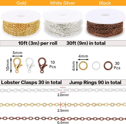 Jishi 30ft Jewelry Making Chains Bulk 2mm Necklace Chains for Jewelry Making Supplies, DIY Craft Earring Bracelet Making Findings, 3-Colors Gold Silver Copper Plated Metal Rolo Cable Link Chain Rolls