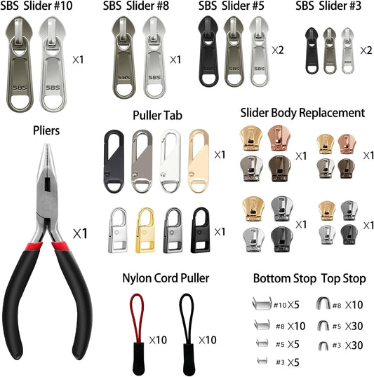 Zipper Repair Kit (188 Pcs) - Universal Fixer for Luggage, Backpacks, Jackets, Coats & Boots Includes #3#5#8#10 Sliders, Zipper Pull Replacement, Stops & Repair Tool(Non-YKK Compatible)