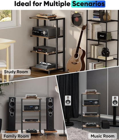 4-Tier Wooden Media Stand, AV Media Stand Corner Shelf for TV Accessories/Audiovisual Equipment/Optical Disc/PS4, Audio Storage Rack for Living Room, Gaming Room, Music Studio, Black