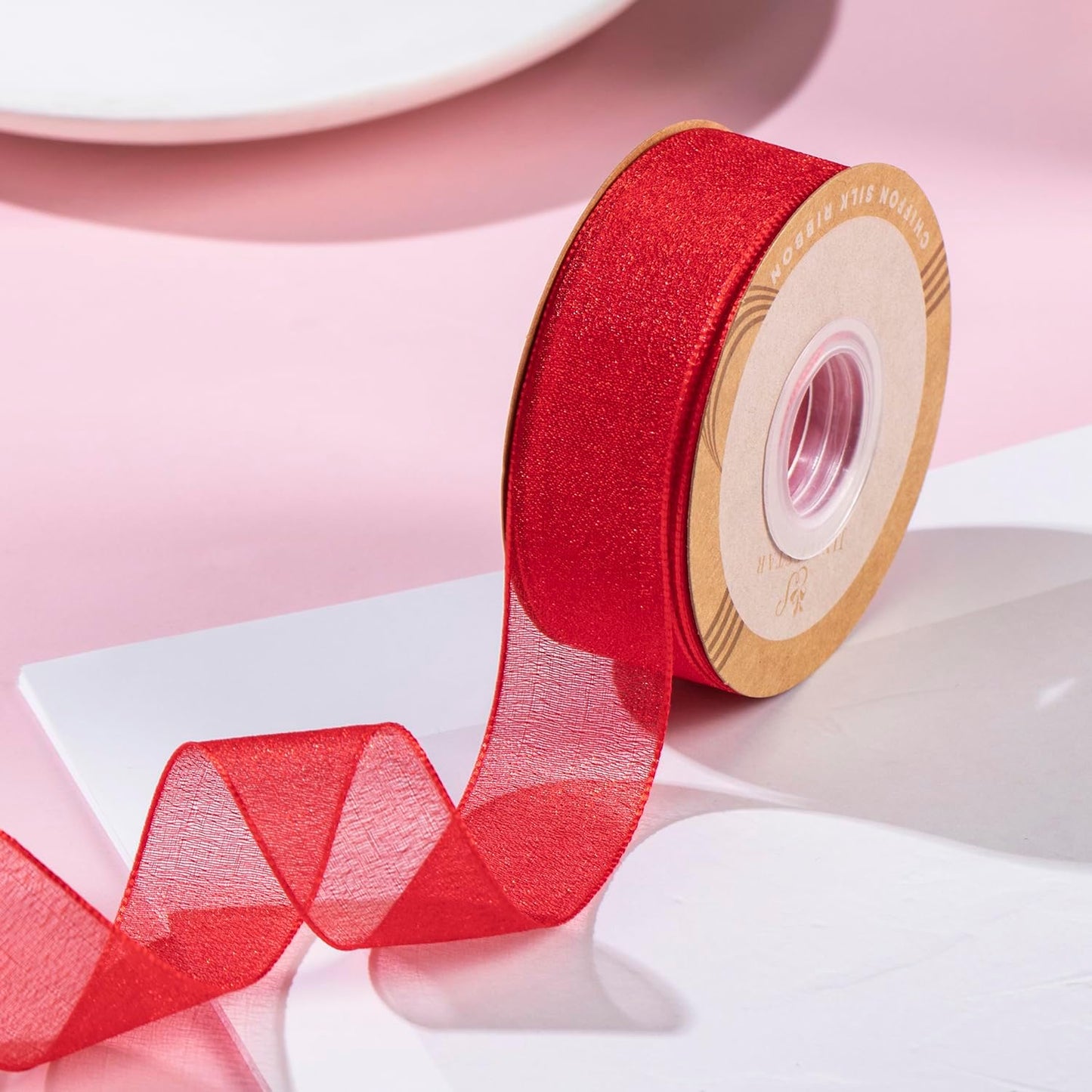 1 Inch Wide Sheer Chiffon Ribbon - Pearl Silk Woven Ribbon Suitable for Gift Wrapping, Wedding Decor, Home Decor, Girl Hair Accessories Handmade DIY (25 Yards/roll) (Red) - Crafty Corner