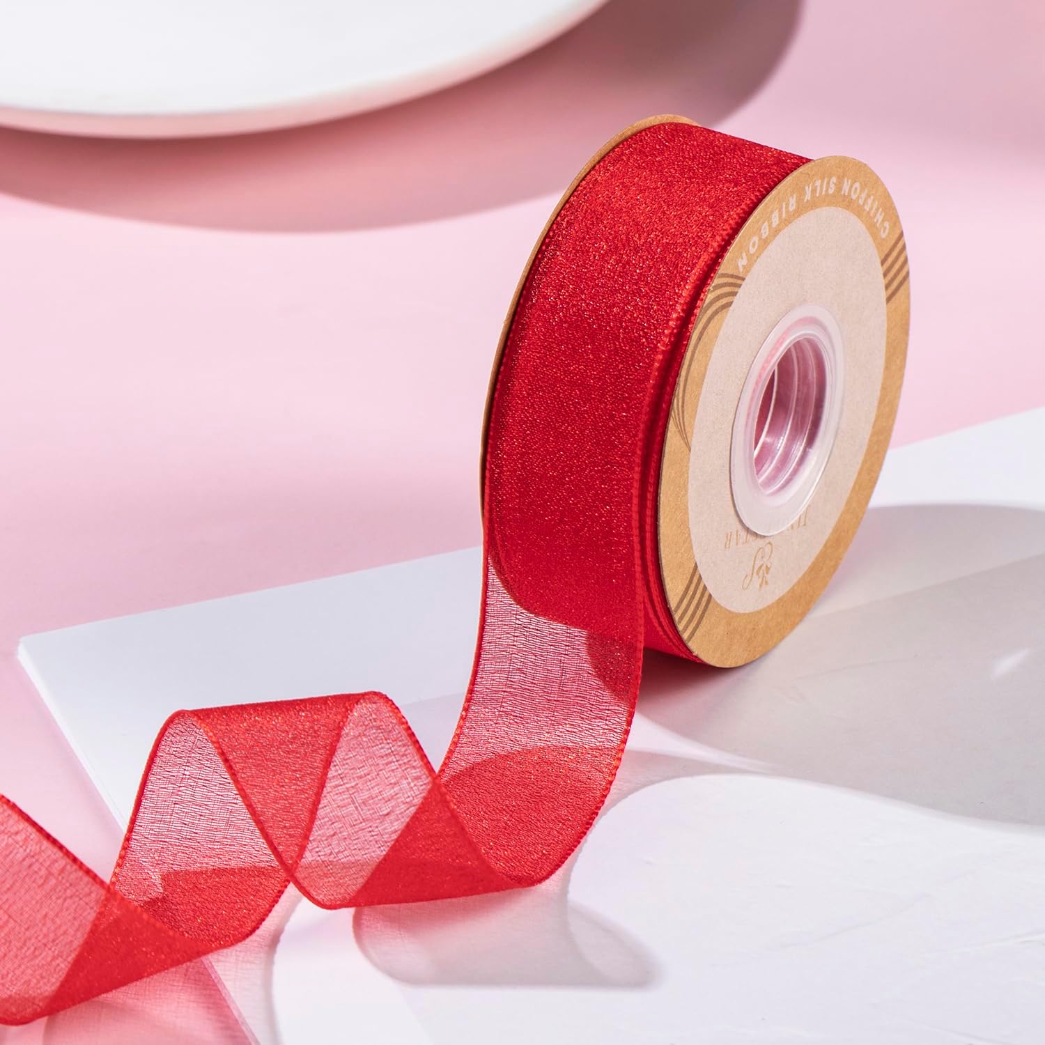1 Inch Wide Sheer Chiffon Ribbon - Pearl Silk Woven Ribbon Suitable for Gift Wrapping, Wedding Decor, Home Decor, Girl Hair Accessories Handmade DIY (25 Yards/roll) (Red) - Crafty Corner