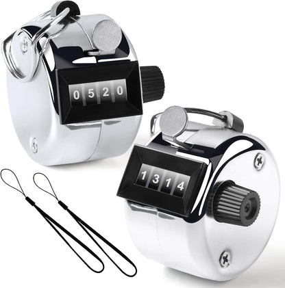 2PCS Premium One Hand Counter Clicker, Silver Metal Clicker Counter, Manual Mechanical People Counter Clicker with Nylon Lanyard, 4-Digit Number Count Tally Counter Clicker for Golf, Lap & Row Etc.