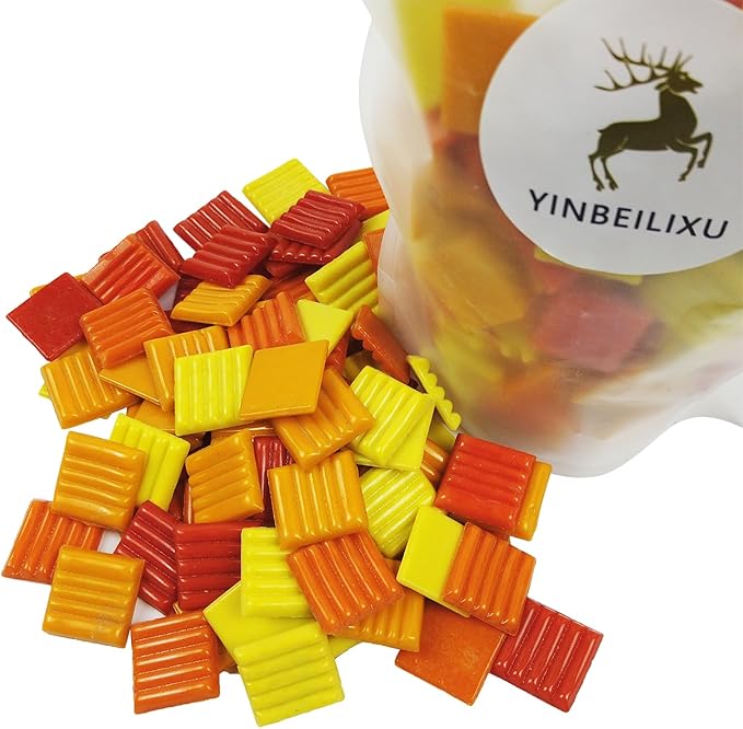 Mosaic Tiles, Glass Mosaic Pieces, 2x2cm Wavy Square Tiles, Mosaic Kits for Adults, Glass Mosaic Tiles forCrafts DIY Art, Frames, Vases Filler, Home Decor, 410g/14.5oz (Red Yellow Orange)