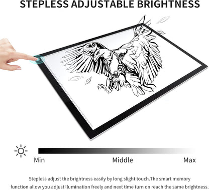 A2 Light Pad Super Thin 7mm Portable Stepless Dimmable Brightness Large Light Box Copy Board for Diamond Painting Weeding Vinyl with 2 Multi-Functional Clips 12V 2A Adapter (23.7''x15.8'')