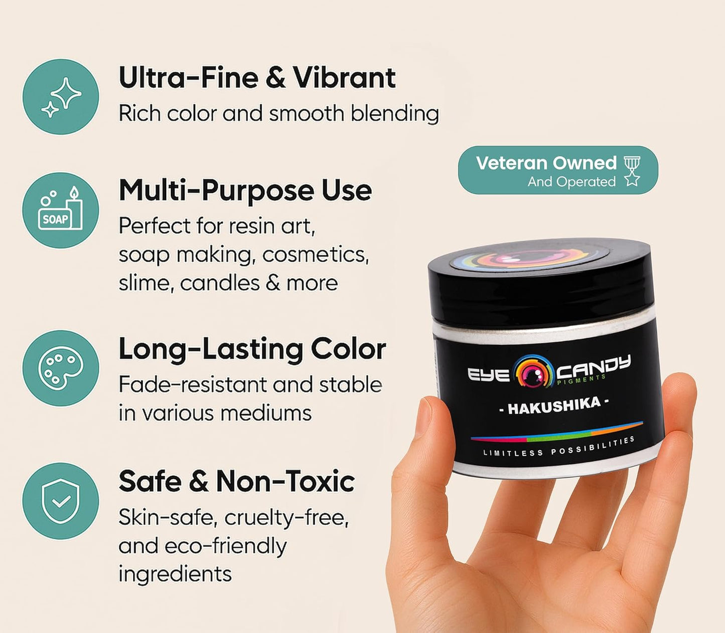 Eye Candy Pigments Premium White Mica Powder - Hakushika White (50gr) - for Epoxy, Resin, Soap, Paint, Woodworking, Acrylic Pouring, Bath Bombs, Fishing Lures - DIY Arts and Crafts Additive