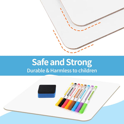 Set of 12 Small White Board Dry Erase Boards Classroom Pack 9" x12” Double Sided Personal Whiteboards for Students Teachers School Supplies Lapboards Mini Whiteboard Erasers Incl and Colors Pens