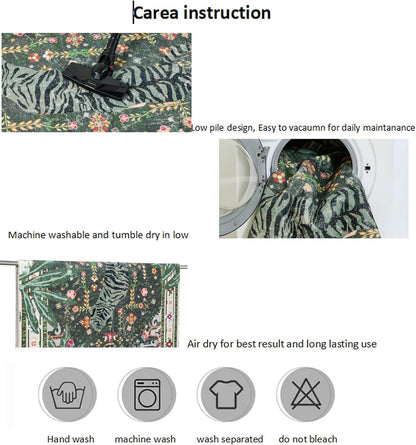 Oriental Tropical Entryway Rugs Washable, Greyish Green Boho Vintage Distressed Hippie 2x3 Throw Rugs for Bathroom Kitchen Entryway Indoor Non-Slip Abstract Botanical Tribal Accent Carpet