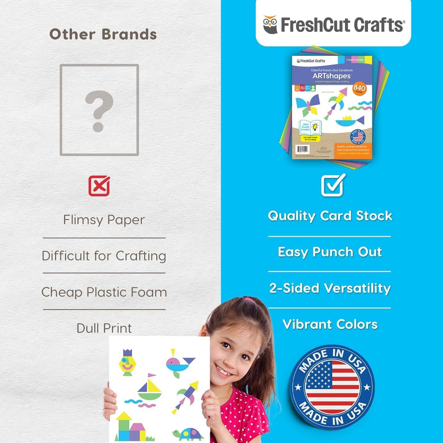 ARTshapes 840 pc Creative Paper Shapes Pack with 70+ Idea Guide - US Made Card Stock - Punch Out Funky DIY Craft Supplies for Whimsical Art Designs, Paper Crafts, and Pattern Play 5 Happy Colors - Crafty Corner
