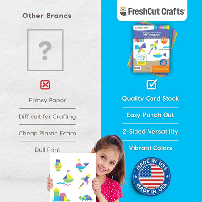 ARTshapes 840 pc Creative Paper Shapes Pack with 70+ Idea Guide - US Made Card Stock - Punch Out Funky DIY Craft Supplies for Whimsical Art Designs, Paper Crafts, and Pattern Play 5 Happy Colors - Crafty Corner
