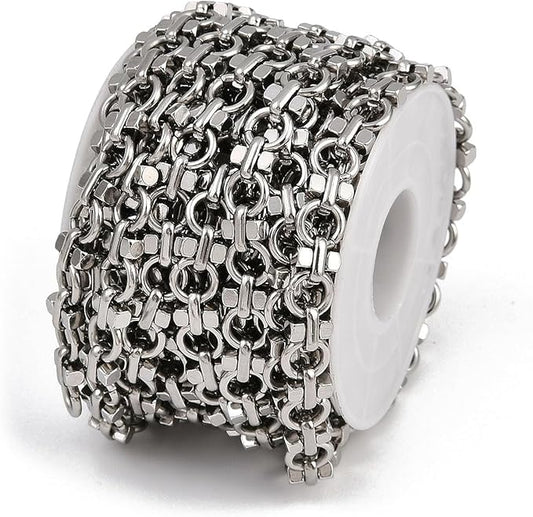 LiQunSweet 16.4 Feet(5m) 304 Stainless Steel Ring with Cube Link Chains Roll Spool Metal Unfinished Chain for Unisex Jewelry Making Necklace Bracelet DIY - 8x1.5mm