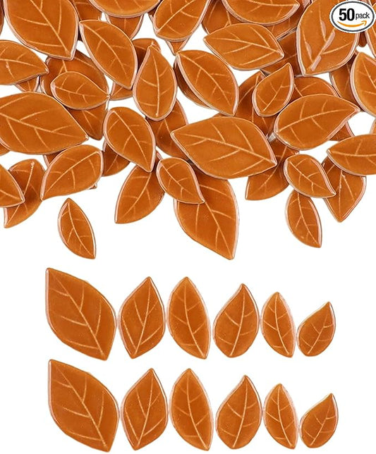 200g Mixed Sizes Leaves Mosaic Tiles for Craft Bulk, Small Ceramic DIY Stepping Stone Kit, Glazed Porcelain Tiles for Coasters Lamp Bathroom Decorations (Brown)